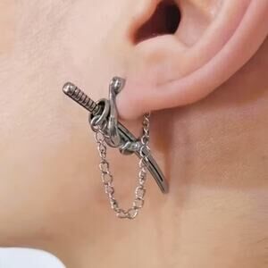 Mini Katana Sword Stud Earring with Chain – Silver Samurai Dagger Jewelry